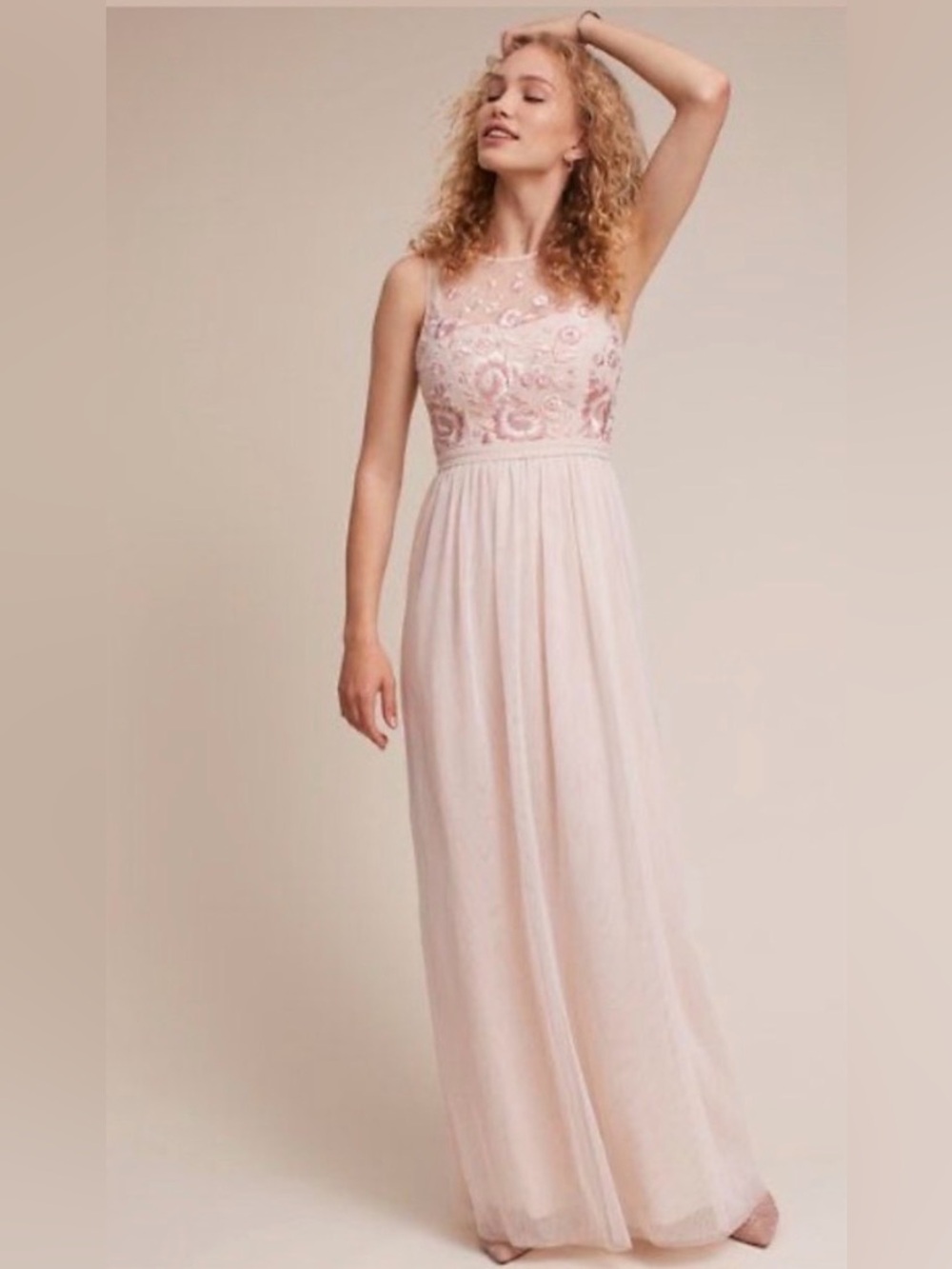 Anthropologie BHLDN Baldwin Bridesmaid Dress – Size 6 – Blush Embroidered Tulle